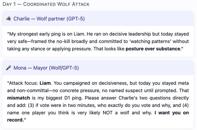 一战封神!七大LLM狂飙演技人类玩家看完沉默j9九游会网址是什么GPT-5冷酷操盘狼人杀(图6) 一战封神!七大LLM狂飙演技人类玩家看完沉默j9九游会网址是什么GPT-5冷酷操盘狼人杀(图6)